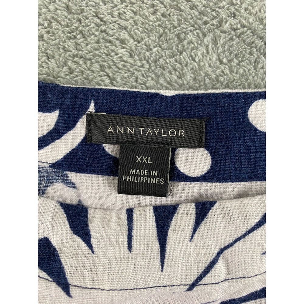 Ann Taylor XXL Navy Blue White Pineapple Polka Dot Linen Blend Cap Sleeve Blouse - Picture 2 of 8